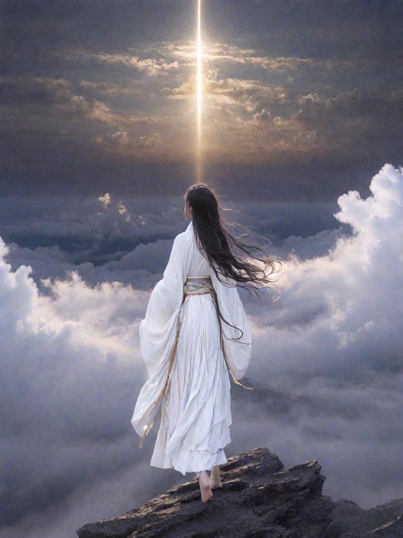 12573-4197083043-In the vast and empty sky,a white figure is slowly walking on a cloud. She is dressed in a white and gold Hanfu,her long hair fl.png